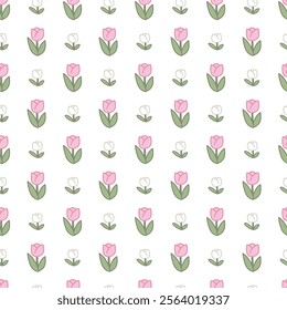 Playful Cute Pink and White Tulip Blooming Pattern. Perfect for spring-inspired designs, gift wrap, fabric, and stationery, Ideal for creating a cheerful and soft aesthetic