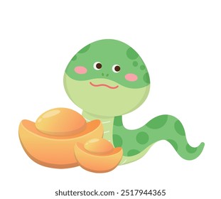 Juguetón y lindo personaje de serpiente o mascota con lingote de oro, reptil, rico, chino año nuevo Vector personaje de dibujos animados