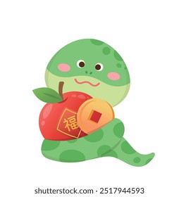 Playful and cute snake character or mascot with apple and gold coins, reptile, vector cartoon character for Chinese New Year, translation: blessing
