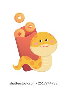 Brincalhão e bonito personagem cobra ou mascote com saco de papel vermelho ou saco de dinheiro, réptil, rico, chinês ano novo personagem de desenho animado vetor