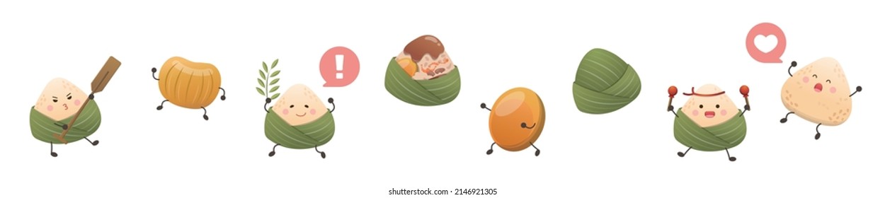 Playful cute vector set of characters or mascots for dragon boat festival dumplings and ingredients