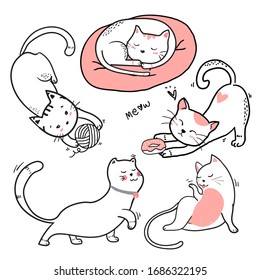 playful cute white and pink cat character collection isolated on white  doodle cartoon drawing outline 