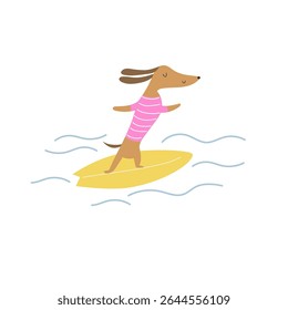 Playful dachshund surfer in a striped pink shirt riding waves on a yellow board – perfect for ocean-themed illustrations and summer events.