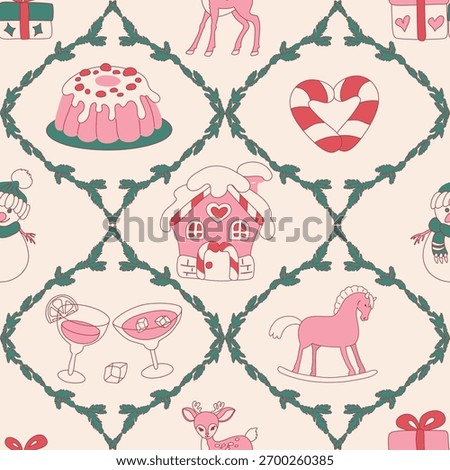 Playful Damask pattern with Christmas icons: cupcake, gifts, glasses, candy cane heart. Coquette Christmas theme with spruce branch frame. Seamless vector background for textiles.