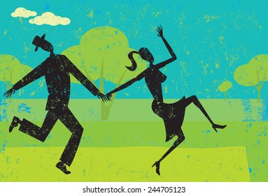 Playful Dancers A couple playfully dancing over an abstract background. The people and background are on separate labeled layers.