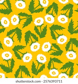 Playful Dandelion Flower Spring Seamless Pattern. Perfect for spring-inspired projects, this pattern can be used for fabrics, wallpapers, stationery, and more, bringing a fresh, botanical feel