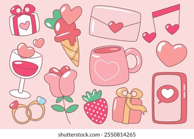 Brincalhão Dia dos Namorados doodle set com corações, presentes e símbolos de amor em um fundo rosa. Perfeito para desenhos românticos e festivos.