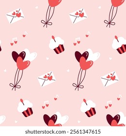 Playful Valentine’s Day Pattern with Balloons, Cupcakes, and Love Letters Valentines Day seamless pattern Square vector backdrop, wedding, packaging, wrapping paper, wallpaper, fabric, textile holiday