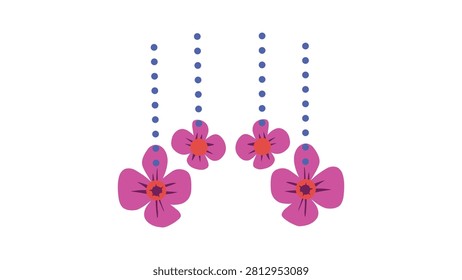 A playful and decorative element featuring stylized pink flowers with orange centers, suspended by dotted lines. Ideal for invitations, greeting cards, and whimsical designs.