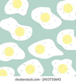 Playful and delightful background pattern featuring fried eggs on a gentle sky blue backdrop. Perfect for food-related designs, culinary blogs, restaurant menus, and kitchen-themed projects.