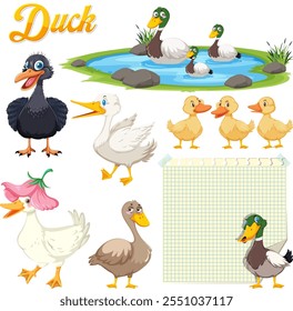 A playful depiction of ducks by a pond