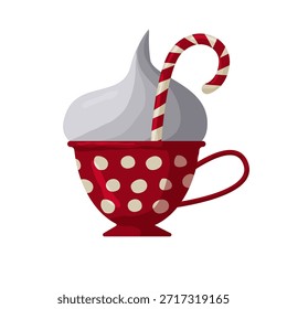 Um design brincalhão apresenta uma xícara de bolinhas vermelha preenchida com sorvete de serviço macio coberto com uma bengala de doces. Este brinde alegre encarna um espírito festivo perfeito para celebrações.
