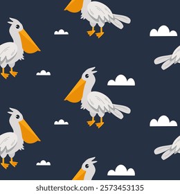 Playful design featuring cartoon pelicans and clouds against a dark background