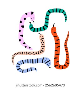 Playful design featuring colorful snakes with unique patterns. Snake symbol of the year. Vector hand drawn bold illustration