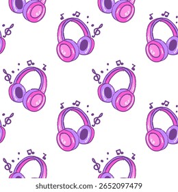 A playful design featuring multiple colorful headphones and musical notes scattered across a white background. This lively pattern is perfect for music-themed projects and decor.