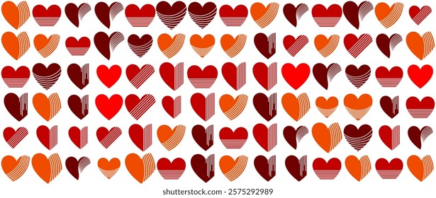 Playful design featuring various heart shapes in red and orange hues on a white background, evoking romance and affection. Adds cheerfulness and warmth through its array of modern graphics.