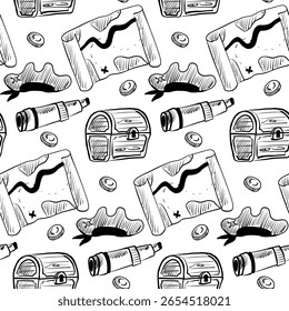 A playful design showcases treasure chests, mysterious maps, and scattered coins against a clean white background. This pattern evokes exploration and adventure, perfect for themed projects.