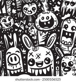 A playful and detailed doodle art featuring various whimsical monster characters and fun elements in black and white.
