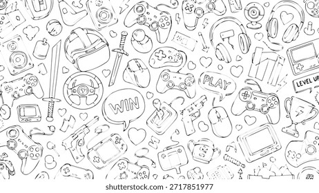 Un patrón divertido y detallado que presenta varios Elementos de juego dibujados a mano como controladores, consolas y burbujas de discurso.