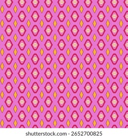 Padrão de diamante brincalhão em tons de rosa e amarelo, combinando ritmo geométrico com charme retrô. Perfeito para fundos digitais ou designs de tecido de moda.