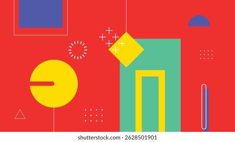 A playful digital art with bold circles, squares, and graphic shapes on a red background. Ideal for modern creative branding.