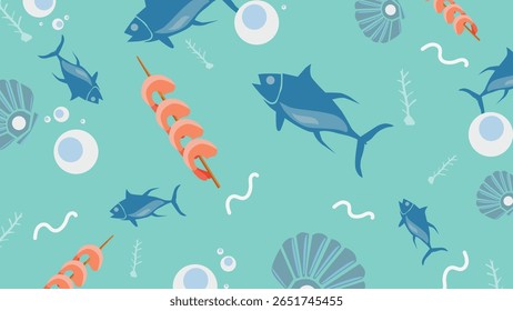 Design digital lúdico com mexilhões, ossos de peixes, peixes inteiros e pequenas criaturas marinhas em um fundo aquático leve. Ótimo para menus e promoções de frutos do mar. 