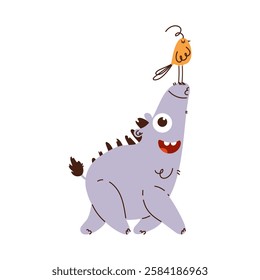 Playful digital illustration of a happy rhino with a small bird perched on its nose, drawn in a whimsical and minimalist style. Cute Cartoon Rhino with Bird on Nose