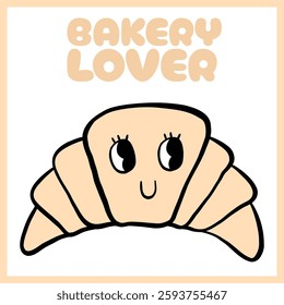Playful digital illustration of a smiling croissant with "Bakery Lover" text, featuring a cartoonish design and warm pastel tones, Vector