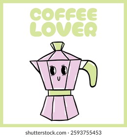 Ilustración digital juguetona de una sonriente olla de moka rosa con el texto "Coffee Lover", con colores pastel y un diseño caricaturesco, Vector