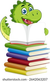 A playful dinosaur character reads atop a vibrant stack of books, showcasing a fun and educational theme in vector style