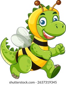 A playful dinosaur dressed as a bee, vibrant colors, cartoon style, dynamic pose, perfect for children's media