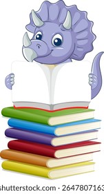 A playful dinosaur enjoys reading atop a vibrant stack of books. Bright colors and cartoon style enhance the whimsical scene