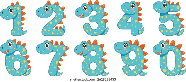 Playful dinosaur numbers in bright colors, perfect for educational materials. Features cartoon style with vibrant orange and blue hues
