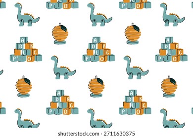 Padrão brincalhão de blocos de dinossauros e brinquedos para decorações infantis