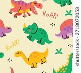 Playful Dinosaurs Seamless Pattern for Kids with Hand Drawn Cartoon Style 