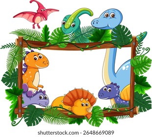 Playful dinosaurs surround a wooden frame with lush tropical leaves, vibrant colors, and cartoon style