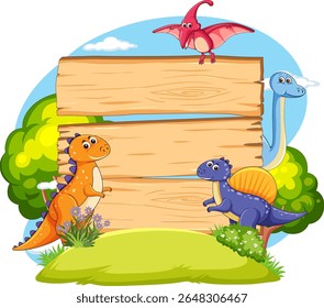 Playful dinosaurs surround a wooden sign in a vibrant, cartoon style. Bright colors and cheerful expressions create a whimsical scene