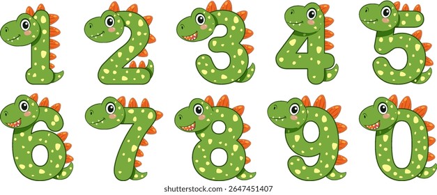 Números brincalhões em forma de dinossauro em verde vibrante com espinhos de laranja, ideal para materiais educacionais e decoração infantil