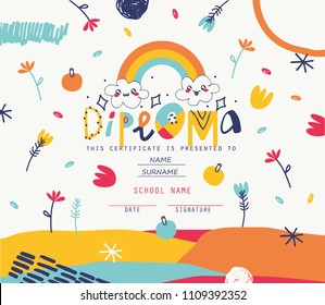 Playful Diploma template for kids.Vector illustration.