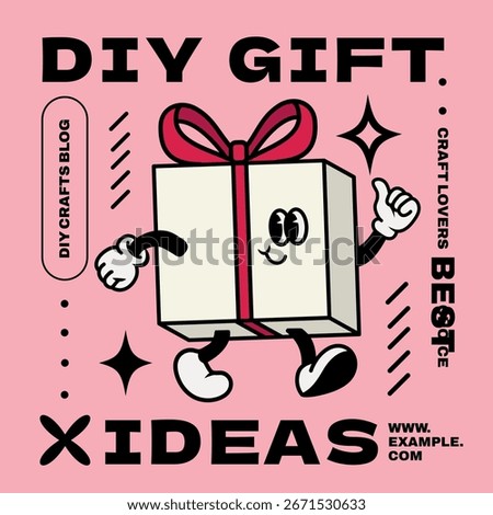 Playful DIY gift ideas illustration. Cartoon gift box character with arms and legs. Perfect for DIY crafts blog, craft lovers, and creative gift ideas. Template design vector.