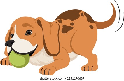 Playful dog with ball in mouth. Funny cartoon puppy