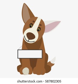 Playful dog with blank table. Cartoon character. Children toy. Cute pet. Flat vector stock illustration