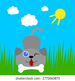 playful dog cartoon character winks and sticks out his tongue next to him is a bone.  Cute pet Concept