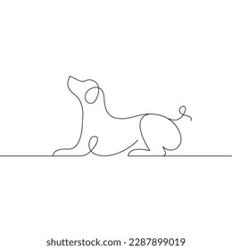 Playful dog in continuous line art drawing style. Puppy playing minimalist black linear sketch isolated on white background. Vector illustration