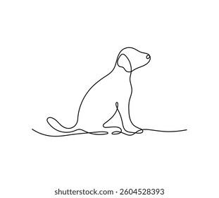 Playful dog in continuous line drawing style. Minimalist black linear sketch isolated on white background. Vector illustration of a playing puppy