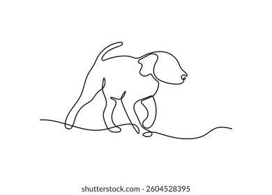 Playful dog in continuous line drawing style. Minimalist black linear sketch isolated on white background. Vector illustration of a playing puppy