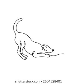 Playful dog in continuous line drawing style. Minimalist black linear sketch isolated on white background. Vector illustration of a playing puppy