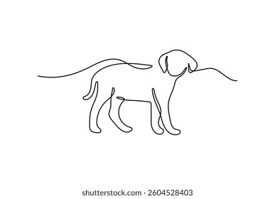 Playful dog in continuous line drawing style. Minimalist black linear sketch isolated on white background. Vector illustration of a playing puppy