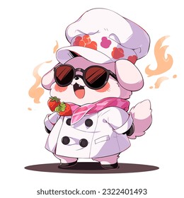 A playful dog dressed in a chef's costume and black sunglasses