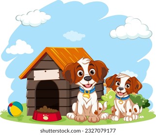 Playful Dog with Dog House illustration